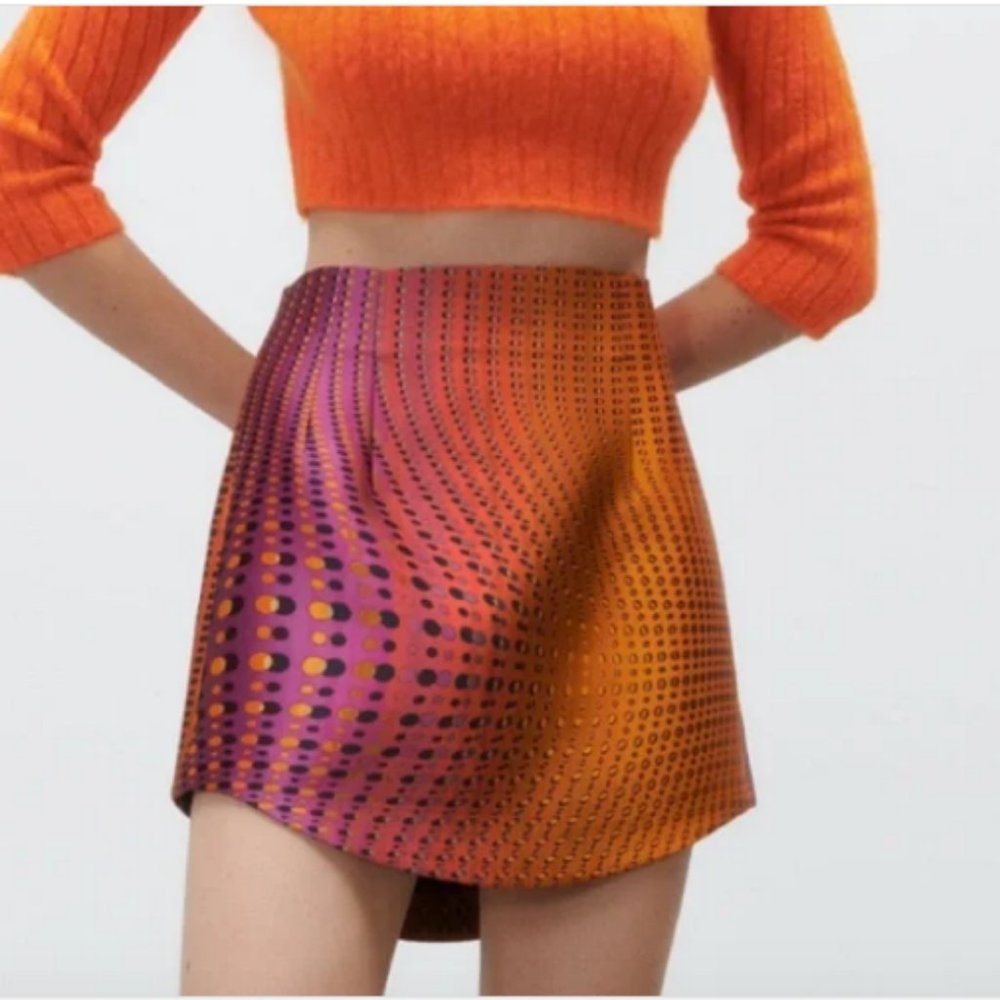 LAST ONE! BLOGGER'S FAVE! Zara High Waisted Short Skirt Orange Pink Sz M, L NWT - Picture 2 of 16